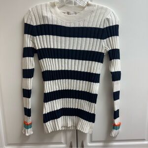 LOFT Navy Cream Striped Ribbed Sweater Size Small Ruffle Cuff Fitted Knit Top